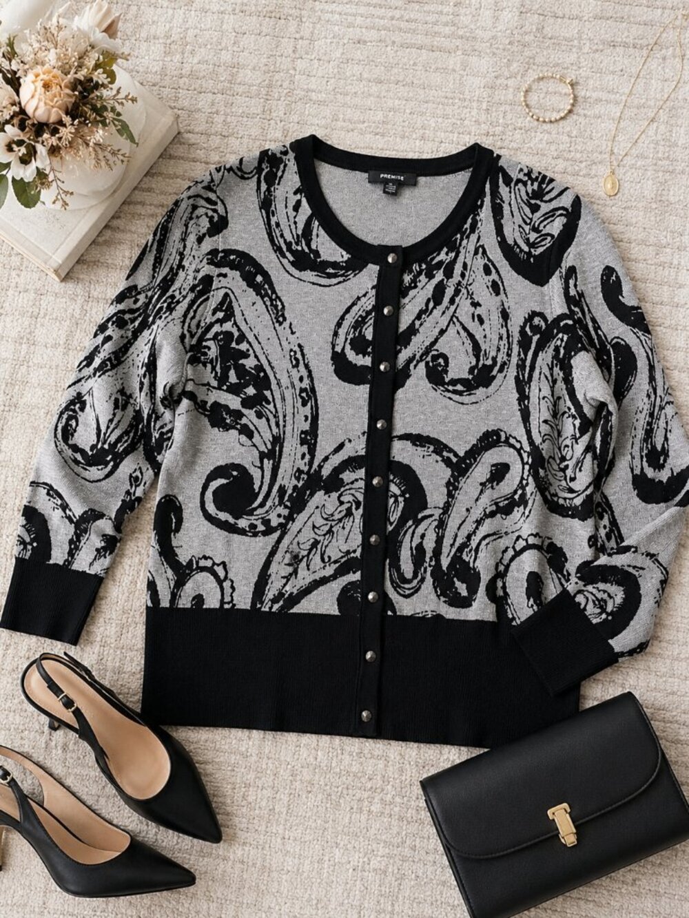Premise Paisley Button Up Cardigan Size S NWT Grey Sweater